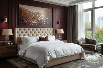 Luxury hotel room with large bed, white linens and brown headboard