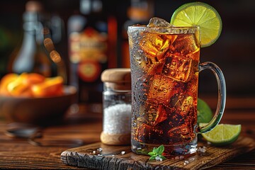 Photo of a tall glass mug with dark brown liquid and ice cubes, garnished with a lime slice on a wooden board