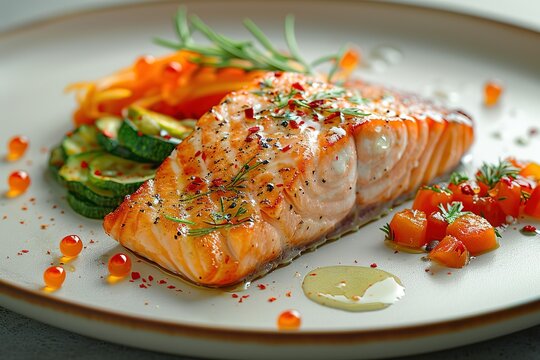 product photography of a salmon fillet with steamed vegetables. 