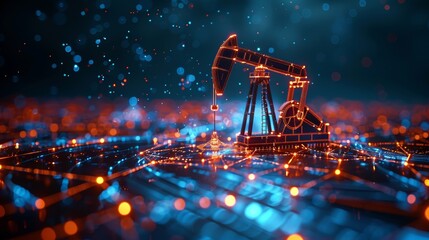 Petroleum fuel industry pumpjack derricks pumping drilling point line connection dots blue modern illustration. Oil well rig juck low poly business concept. Finance economy polygonal petrol