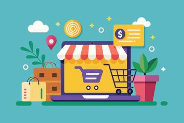 Fototapeta premium A shopping cart is placed on top of a laptop in this simple and minimalist ecommerce flat vector illustration, Ecommerce, Simple and minimalist flat Vector Illustration