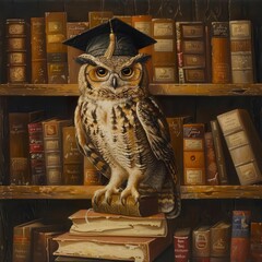 A wise owl, perched on a bookshelf stacked with miniature financial reports, wears a tiny graduation cap and spectacles With a stock ticker displayed on his chest feathers, this brainy bird is a whiz