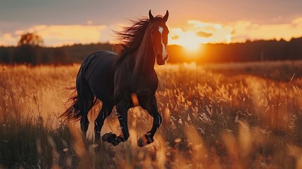 A dark brown horse is running in a grassy field during the sunset. - obrazy, fototapety, plakaty