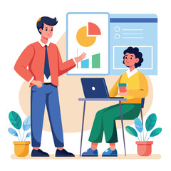 A man is presenting a business strategy report to a woman in an office setting, Employee business strategy report to boss, Simple and minimalist flat Vector Illustration