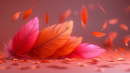   A close-up of a red and orange feather against a pink backdrop, with petals randomly placed at its foot