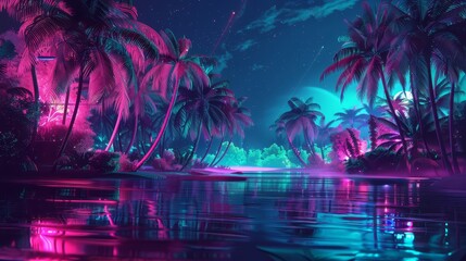 Fototapeta na wymiar Retro-style image featuring a neon-lit tropical landscape, with vivid, neon-infused depictions of tropical trees and scenery, blending retro and futuristic concepts