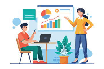 Fototapeta premium A man and a woman standing in front of a whiteboard, discussing a business chart, Employee explains business chart to manager, Simple and minimalist flat Vector Illustration