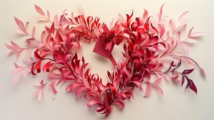 Delicate papercut vines, woven from shades of red and pink, form a heart on a blank page A tiny papercut package, tied with a shimmering red bow, rests within the hearts center, a symbol of love and a