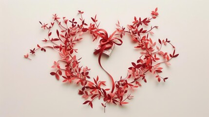 Delicate papercut vines, woven from shades of red and pink, form a heart on a blank page A tiny papercut package, tied with a shimmering red bow, rests within the hearts center, a symbol of love and a