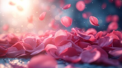   A multitude of pink petals drifting atop a serene body of water, framed by a vibrant blue sky - obrazy, fototapety, plakaty