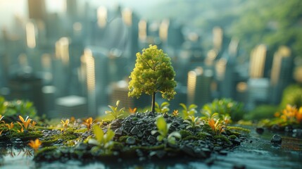 Tiny corporate scenes promote environmental sustainability, focusing on green initiatives and...