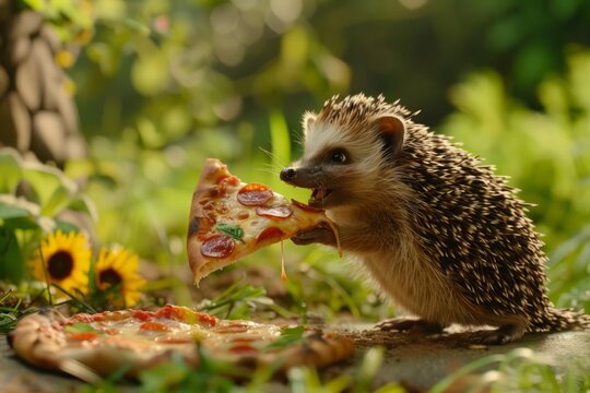 In a quiet suburban backyard, a chubby hedgehog discovers a forgotten slice of pizza, its tiny mouth happily covered in gooey cheese as it savors every bite