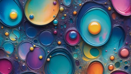 Whimsical Abstract, Iridescent Paints Forming a Textured Background with Playful Bubbles
