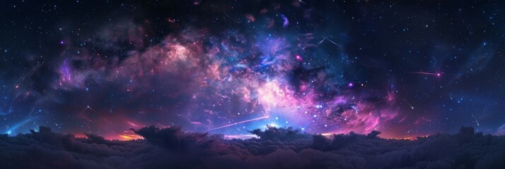 Degrees Panorama of a Starry Night Sky Radiating a Vibrant Nebula and a Streaking Shooting Star