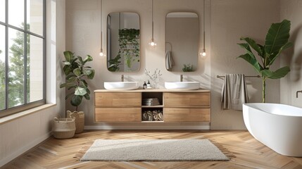 bathroom interior with double sink and mirror, carpet on hardwood floor, bathtub, plants. 