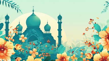 A blue and green mosque with yellow flowers in front of it.

