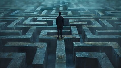 Man Standing in Front of Maze Represents Decision-Making Challenges. Concept Decision-Making Challenges, Maze Representation, Man Standing, Pensive Expression, Thoughtful Dilemma