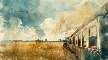 Nostalgic Watercolor Steam Train Chugging Through Lush Countryside with Golden Fields - obrazy, fototapety, plakaty