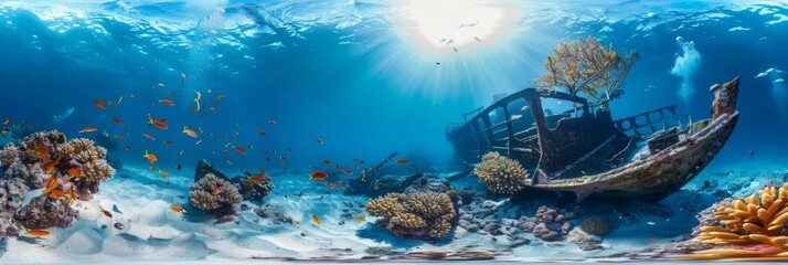 Vibrant Coral Reef in a Degrees Underwater Panorama A Diverse Marine Life Sanctuary with a Lone Shipwreck - obrazy, fototapety, plakaty