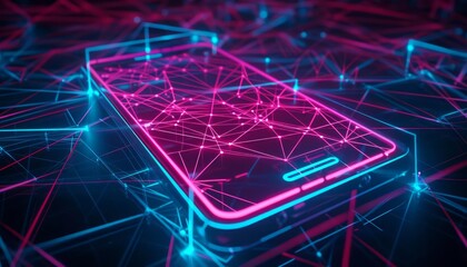 Neon lines trace a secure network around a digital phone, illustrating a fortress of data privacy against cyber threats, background concept