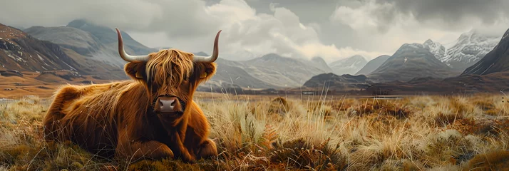 Foto op Aluminium A serene highland cow is lying in the grassy mountains, showcasing the natural beauty of the rural landscape. © ELmahdi-AI