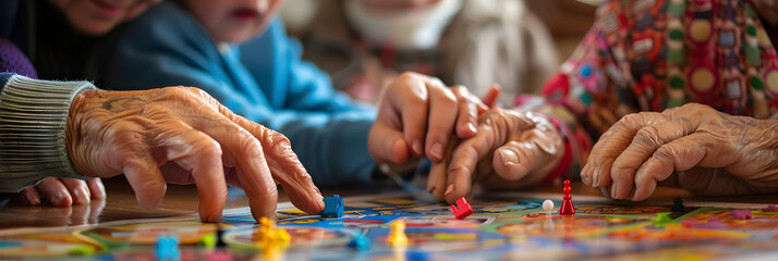Photo of a family playing a board game, with a close-up on the elderly hands moving a game piece, illustrating the joy of shared activities - obrazy, fototapety, plakaty
