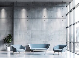 Modern interior of an office with gray concrete walls, blue sofas and glass windows on the sides - Powered by Adobe
