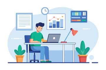 A man is seated at a desk, concentrating on his laptop while working in an office setting, employee working in office workplace by showing graph, Simple and minimalist flat Vector Illustration