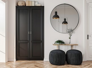 Modern interior of the entrance hall with a double door wardrobe, wooden floor and white wall