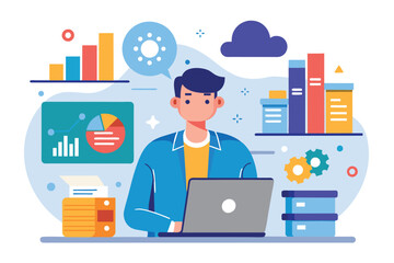 Fototapeta premium A man seated in front of a laptop computer, focused on work, Enterprise data analyst, Simple and minimalist flat Vector Illustration