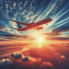 Sunset Flight: Majestic Airplane Soaring Above the Clouds