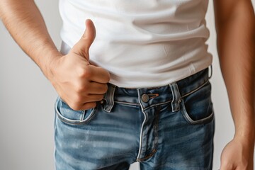 Man giving thumbs up wearing white tee and jeans - obrazy, fototapety, plakaty