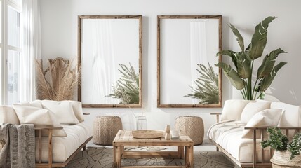 A living room with a white couch and two brown chairs. A large potted plant is in the corner