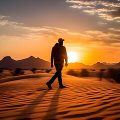 silhouette of man walking in desert - obrazy, fototapety, plakaty