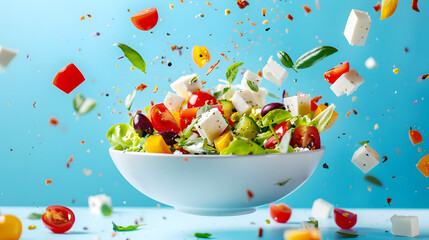 Greek salad in bowl with vegetables on blue background