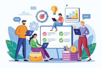 Obraz na płótnie Canvas A team of entrepreneurs collaborating and planning tasks on laptops in a modern workspace, Entrepreneurs plan tasks and business goals with employees for business success, flat illustration