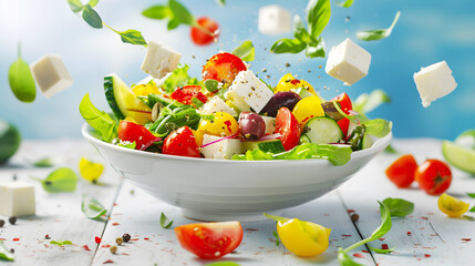 Greek salad in bowl with vegetables