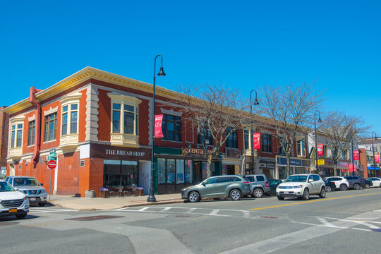 Historic commercial buildings on Main Street in historic town center of Wakefield, Middlesex County, Massachusetts MA, USA. 