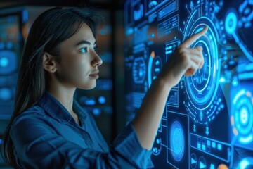 A woman interacts with a digital screen displaying technology, computer, and business-related information.