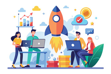 Entrepreneurial Team Working on Laptops in Front of Rocket, entrepreneurs working on launching a stock business, Simple and minimalist flat Vector Illustration - obrazy, fototapety, plakaty