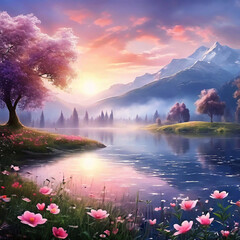 A beautiful lake and old apple tree in a meadow with flowers under the mountains