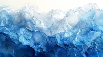   A blue-and-white abstract backdrop hosts a central mountain range, while a white canvas bears a blue-hued mountain range in its midsection