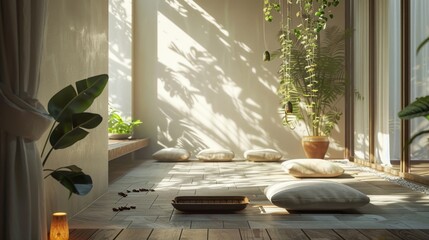 A serene meditation corner with minimalist floor cushions and soothing decor; fostering mindfulness and relaxation in a tranquil setting. - obrazy, fototapety, plakaty