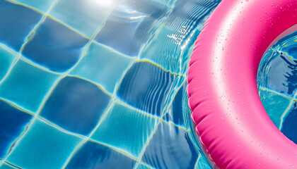 Close up pink inflatable ring floating in swimming pool in sunny day. Full screen and space for text, top view, macro.