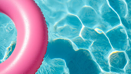 Close up fuchsia inflatable ring floating in swimming pool in sunny day. Full screen and space for text, top view, macro.
