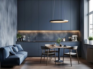 Modern kitchen interior in Scandinavian style with blue cabinets, a table and two chairs on the r