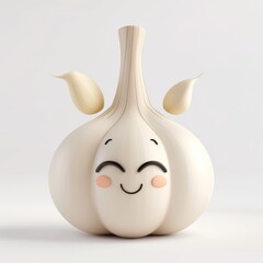 Garlic is white, with eyes and cheeks, 3d, cute cartoon vegetable, on a white background.