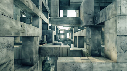 Abstract Geometric fractal Maze of Concrete Blocks in Soft White Light