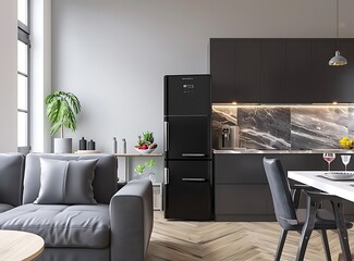 Modern kitchen interior with a dining table and gray sofa, a black refrigerator in the background