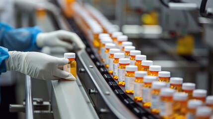 In a state-of-the-art pharmaceutical facility, the worker inspects a line of labeled medication bottles passing by on the conveyor belt, their hands adjusting each package with met